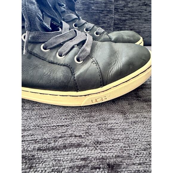 Black leather, UGG, size 8 woman's tie front boots w/side zipper - Picture 2 of 8